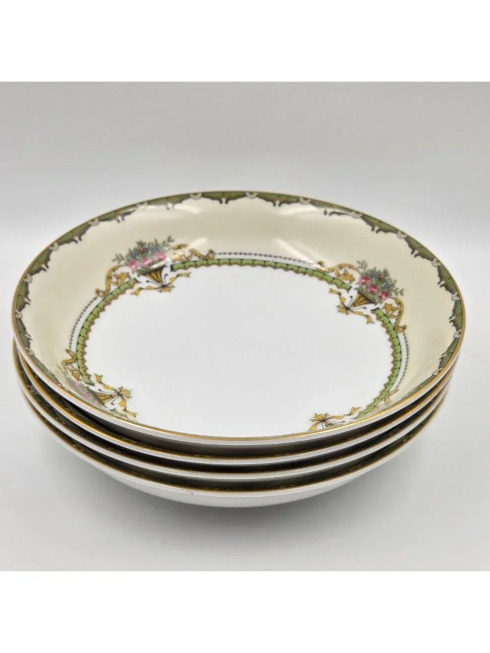 Noritake Penelope Set of 4 Coupe Soup Bowl Green Border Pink Roses Urn Gold Trim